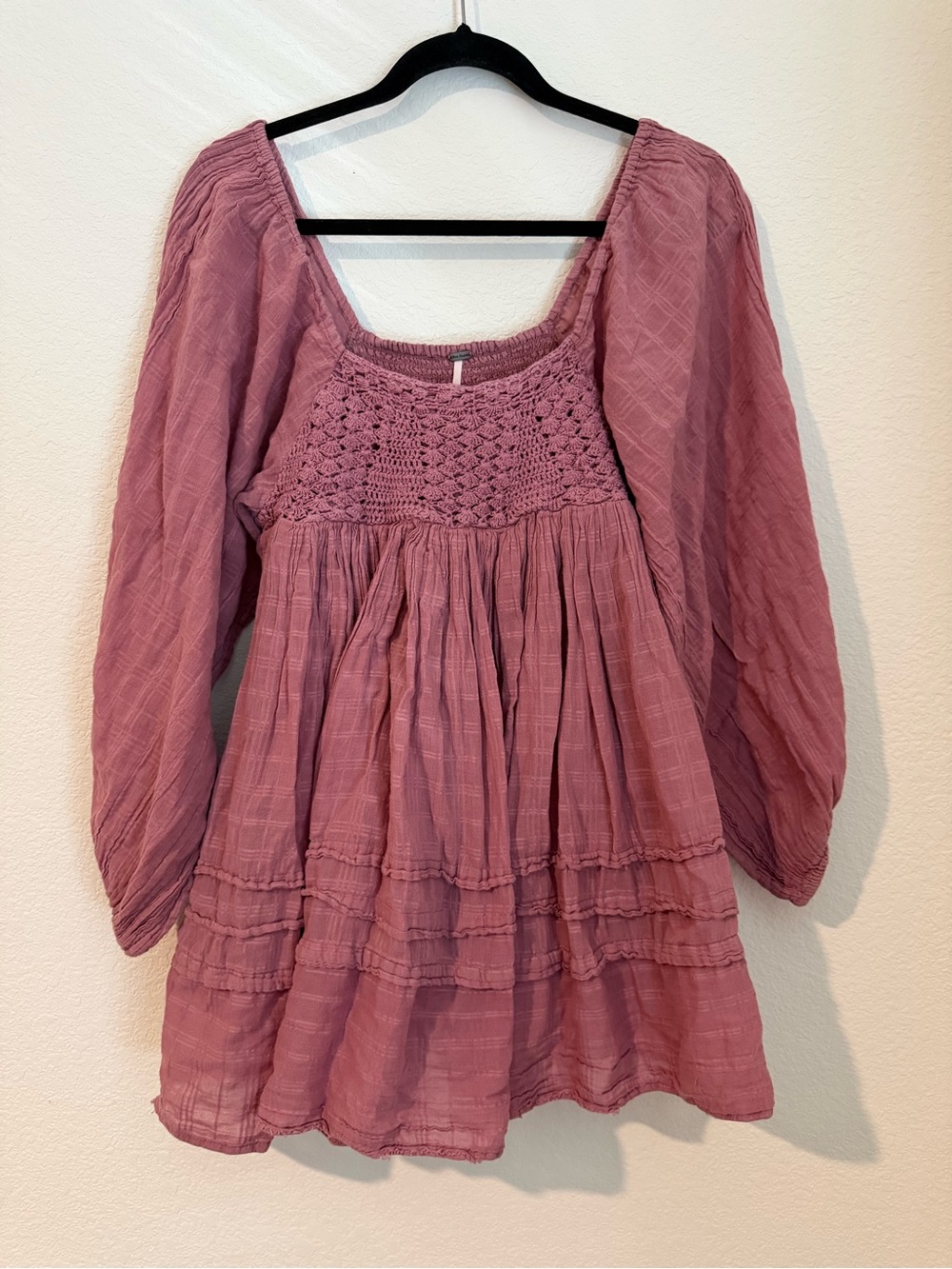 Free People | Mauve Gauze Crochet Ari Peasant Prairie Mini Dress with Pockets
